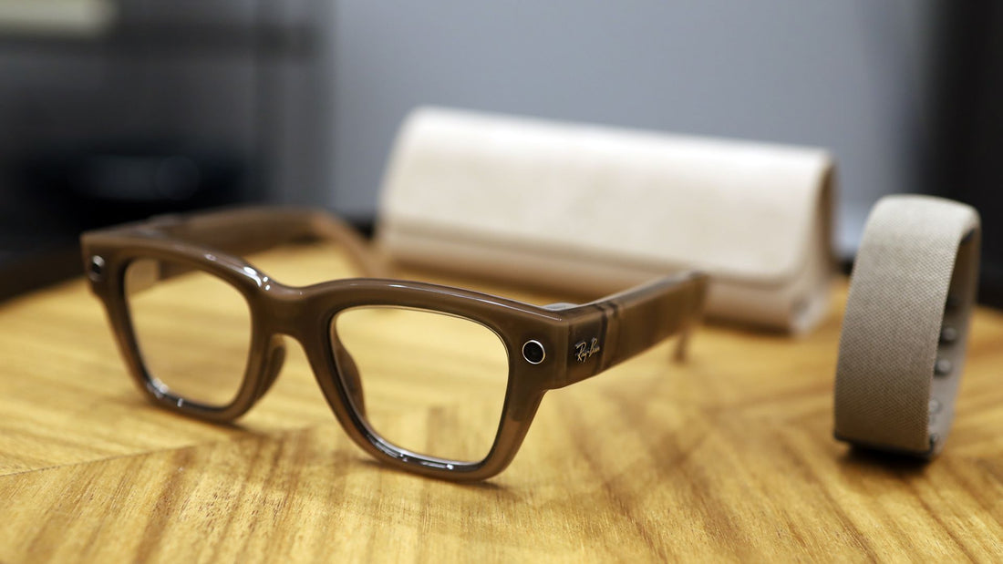 Meta Ray-Ban smart glasses with visible camera lens on a neutral background