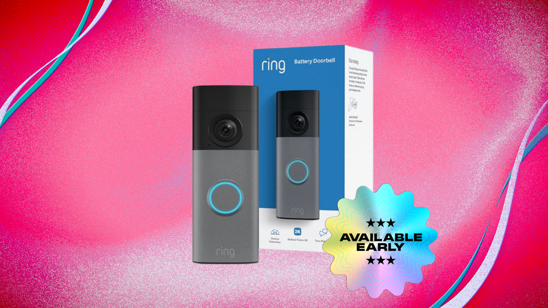 Close-up of Ring $70 video doorbell mounted on a front door with a visible wide-angle lens
