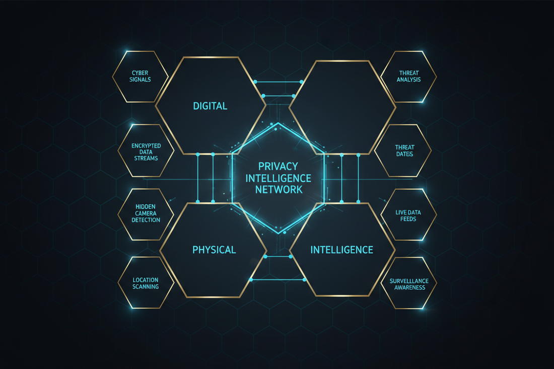 Anti Spier Privacy Intelligence Network diagram showing interconnected digital, physical, and intelligence protection layers.