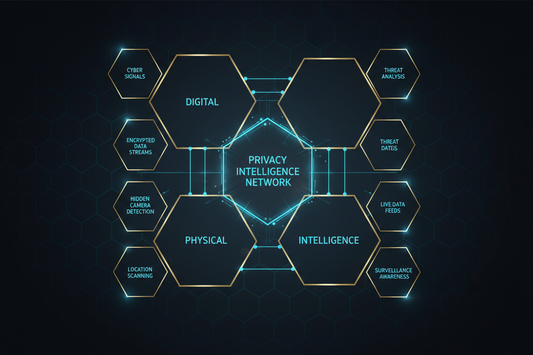 Anti Spier Privacy Intelligence Network diagram showing interconnected digital, physical, and intelligence protection layers.