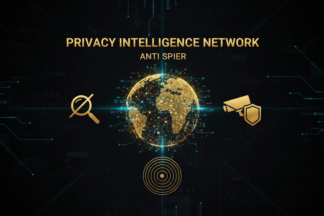 Anti Spier Privacy Intelligence Network graphic showing counter‑surveillance, private search, and live threat detection.