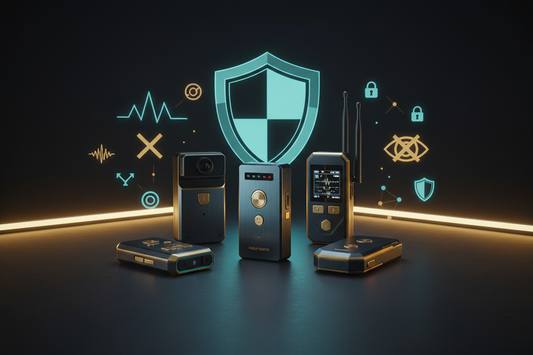 Anti Spier security protection gear displayed with digital threat icons and privacy shields.
