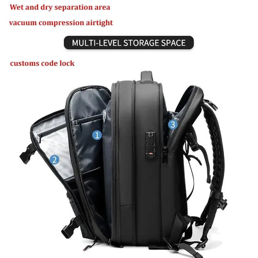 Anti-Theft Backpack with multi-level storage, vacuum compression, and customs code lock.