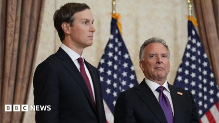 Steve Witkoff and Jared Kushner standing beside a plane marked with the U.S. flag, ready for a diplomatic mission to Moscow and Kyiv