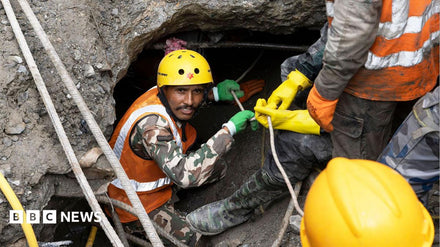 Rescuers using explosives to clear a massive rock blockage at the entrance of a flood‑damaged tunnel in Nepal