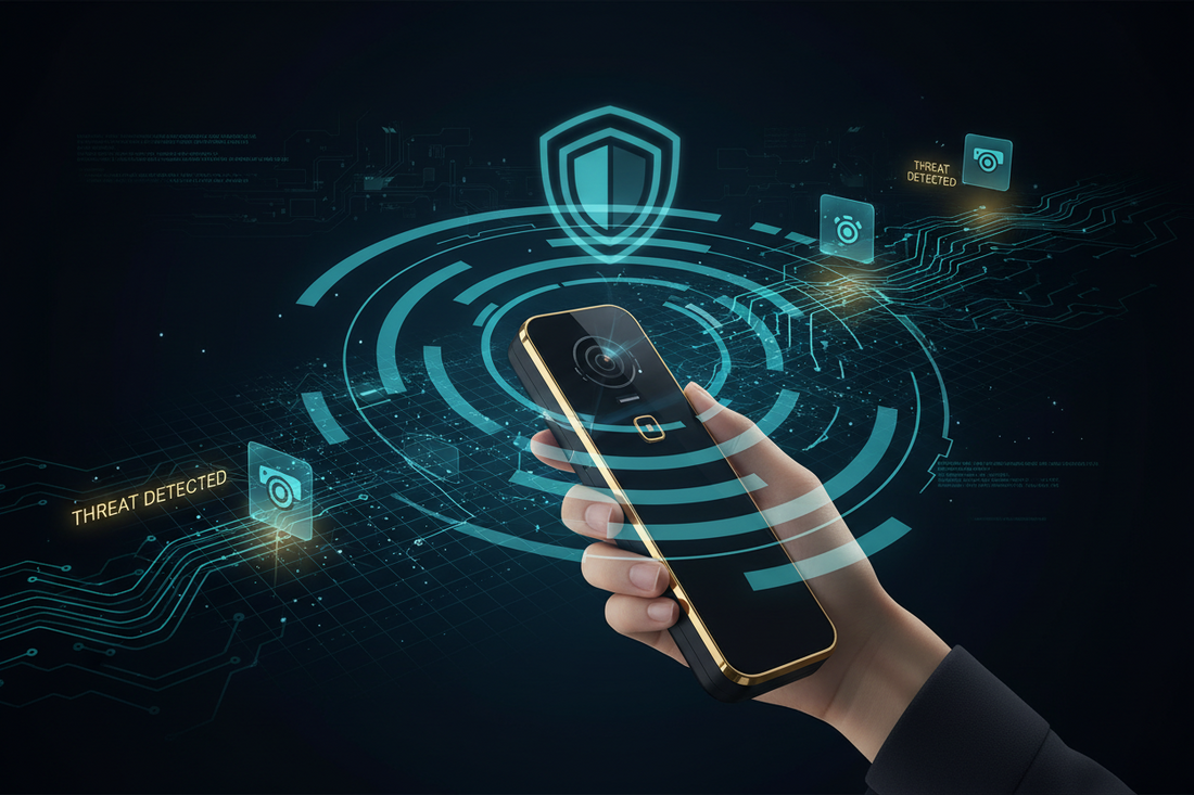 Counter‑surveillance concept illustration showing digital threat detection and privacy protection.