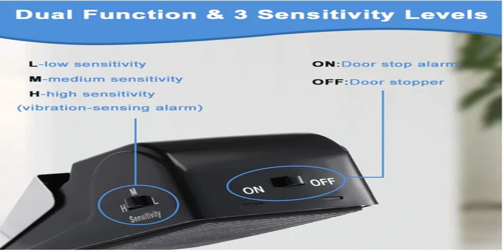 Dual function door stop alarm with 3 sensitivity levels for enhanced security.