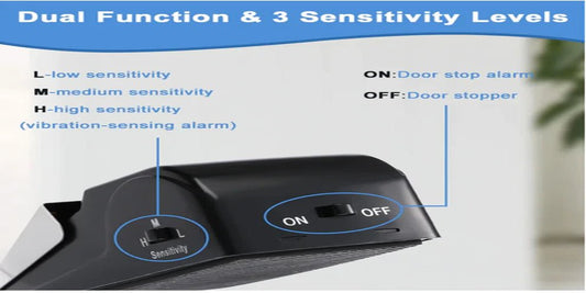 Dual function door stop alarm with 3 sensitivity levels for enhanced security.
