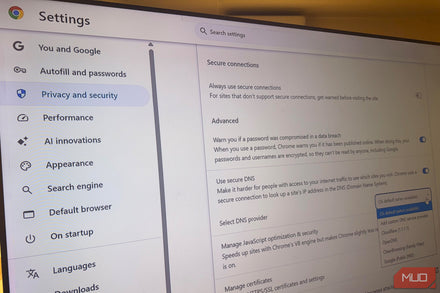 Screenshot of Chrome's Secure DNS toggle in the advanced settings menu.