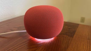 A person holding a smart speaker
