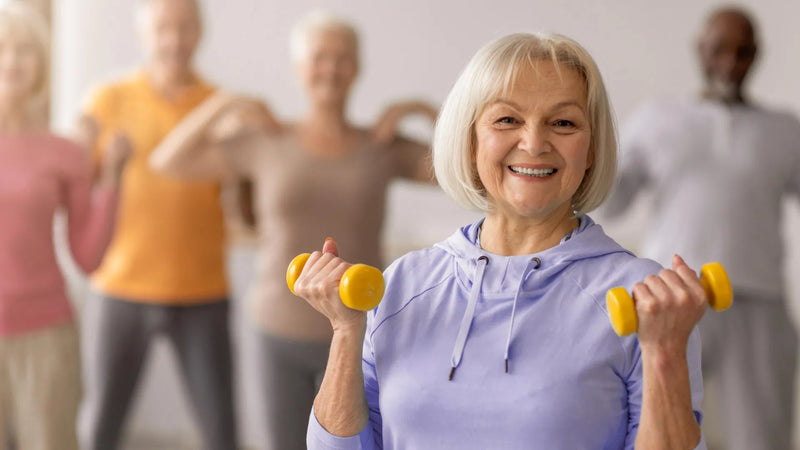 Older adult performing a seated leg extension with a resistance band during a four‑minute strength routine