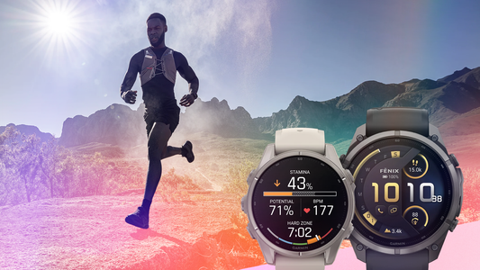 Close‑up of Garmin Fenix 9 Pro titanium case with rugged strap on a rocky trail