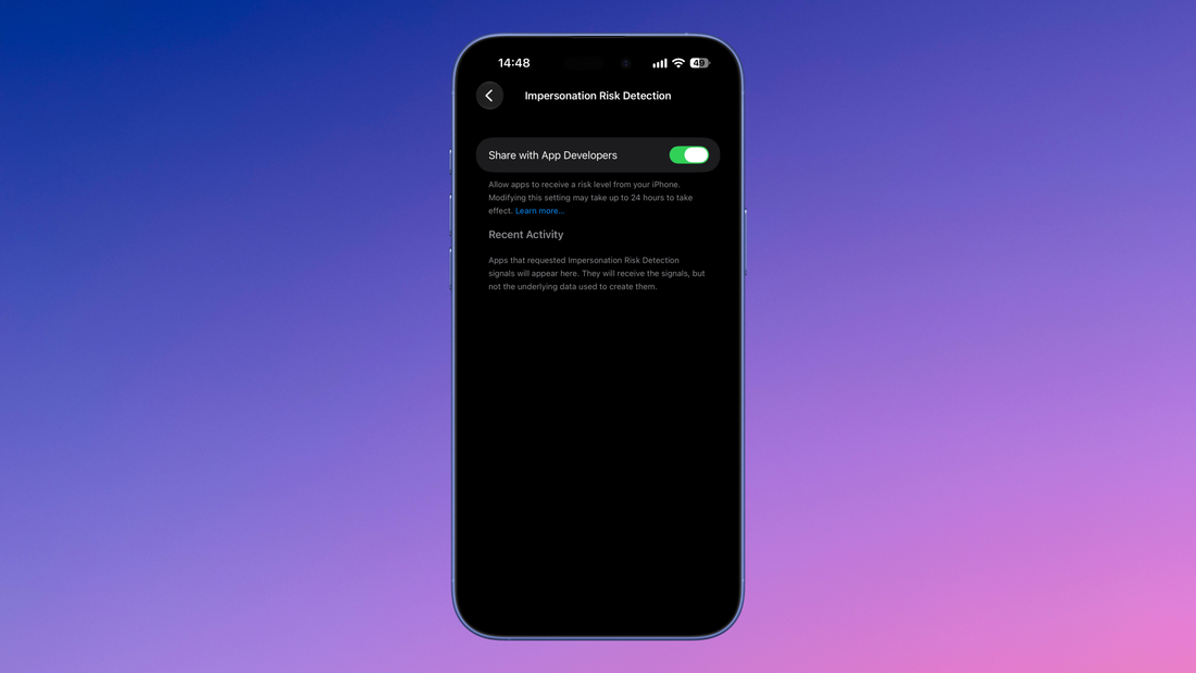 Screenshot of iOS Settings showing the Impersonation Risk Detection toggle for supported apps