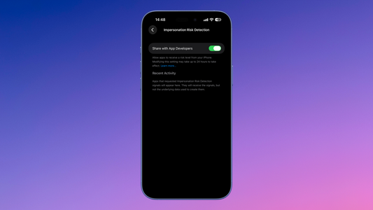 Screenshot of iOS Settings showing the Impersonation Risk Detection toggle for supported apps