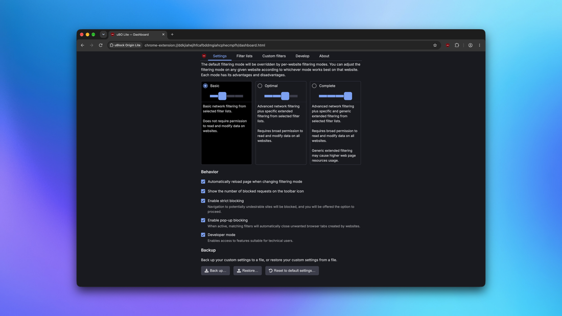 Screenshot of uBlock Origin settings page showing the EasyList/uBO - Cookie Notices filter enabled