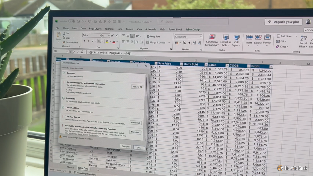 Screenshot of Excel's Document Inspector dialog highlighting metadata removal options