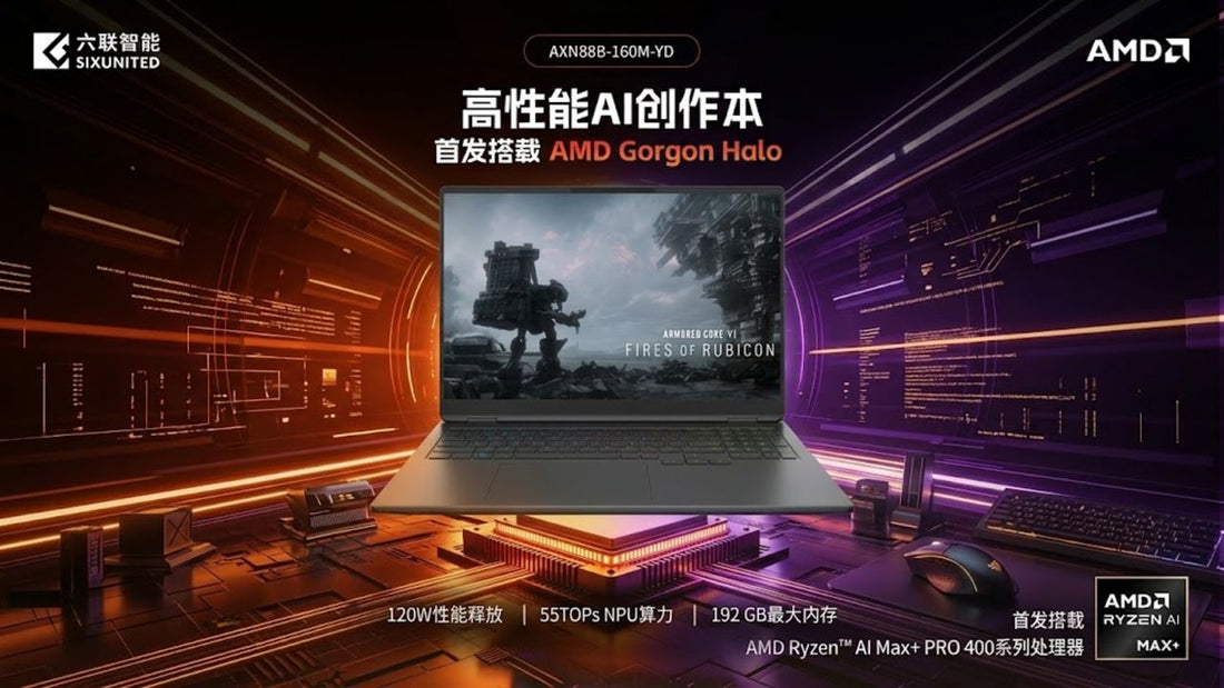 SIXUNITED AXN88B-160M-YD laptop showing 16-inch 2560x1600 display with RGB backlit keyboard