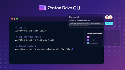 Terminal window displaying a Proton Drive CLI command that initiates an encrypted backup.