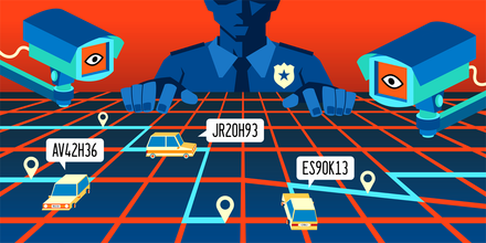 Police vehicle equipped with an automated license plate reader scanning traffic at night