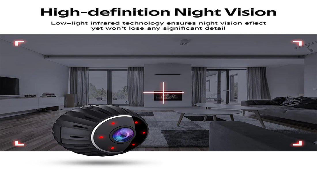 Smart home security camera with high-definition night vision and low-light infrared technology in a modern interior setting.