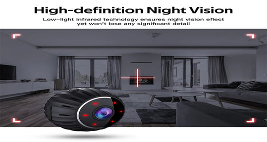 Smart home security camera with high-definition night vision and low-light infrared technology in a modern interior setting.