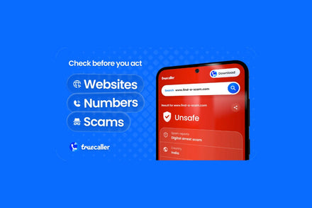 Screenshot of Truecaller app showing a flagged scam call with risk score