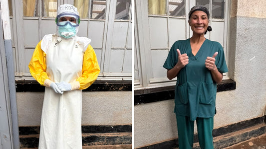 Dr. Rupa Narra in full PPE examining a child patient in an Ebola treatment unit in the DRC