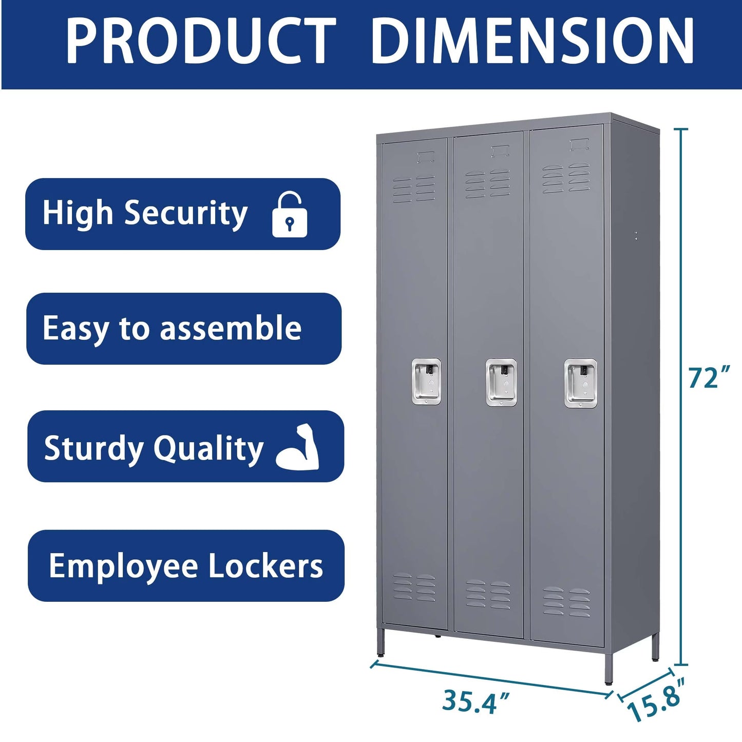 3 Employee Metal Lockers With 72 Inch High Locks, Home Gym Office, School Garage Lockers, Gray by Anti Spier
