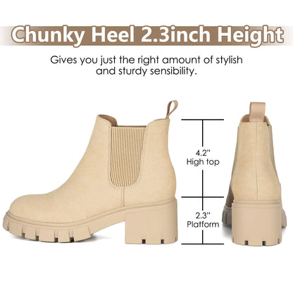Athlefit Women's Chelsea Boots Fashion Lug Sole Chunky Heel Slip on Elastic Ankle Booties 10 Apricot by Anti Spier