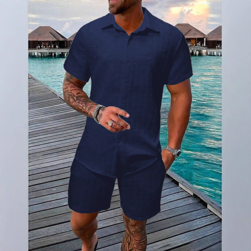 A two-piece set of jacquard black and white solid color short-sleeved men's vacation casual style shirt and shorts by Hypersku