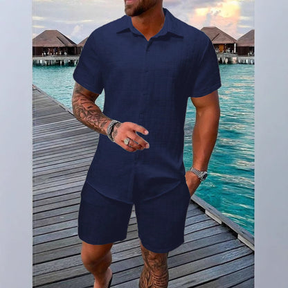 A two-piece set of jacquard black and white solid color short-sleeved men's vacation casual style shirt and shorts by Hypersku