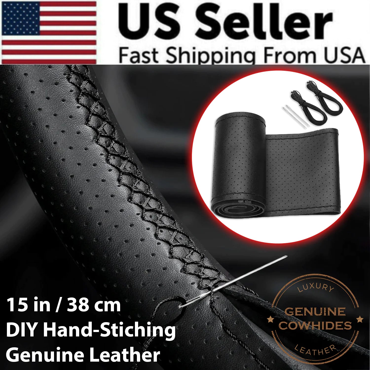Genuine Leather DIY Car Steering Wheel Cover Anti-slip For 15"/38 cm Black US by Anti Spier