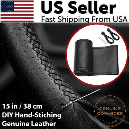 Genuine Leather DIY Car Steering Wheel Cover Anti-slip For 15"/38 cm Black US by Anti Spier