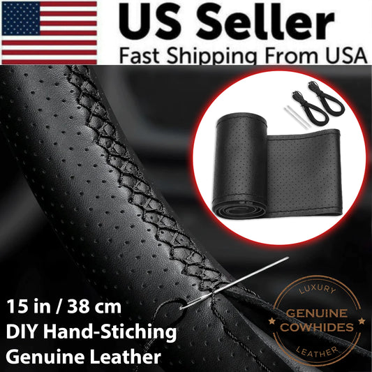 Genuine Leather DIY Car Steering Wheel Cover Anti-slip For 15"/38 cm Black US by Anti Spier