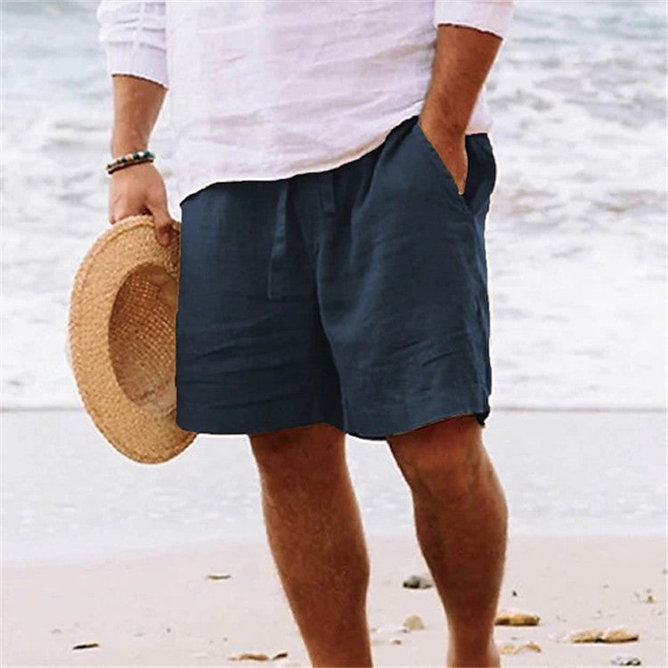 Men's shorts cotton hemp summer drawstring elastic waist straight legs Solid color comfortable breathable short daily beach by Hypersku
