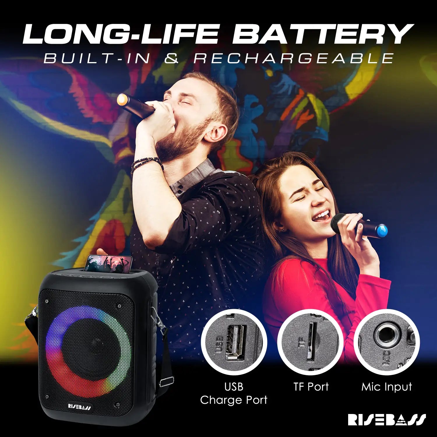 Risebass Portable Karaoke Machine with 2 Wireless Microphones - Bluetooth Rechargeable Speaker with USB/SD/TF Card Support, AUX-in, Tripod Screw Mount and Phone Slot. by Anti Spier