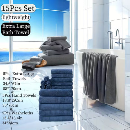 15pcs Bulk Bath & Hand Towel Set - Large 300GSM Microfiber Towels (5 Bath, 5 Hand, 5 Washcloths) - Heavy-Duty, Quick-Dry & Highly Absorbent for, Spa, Hotel - Multi-Color Options by Anti Spier