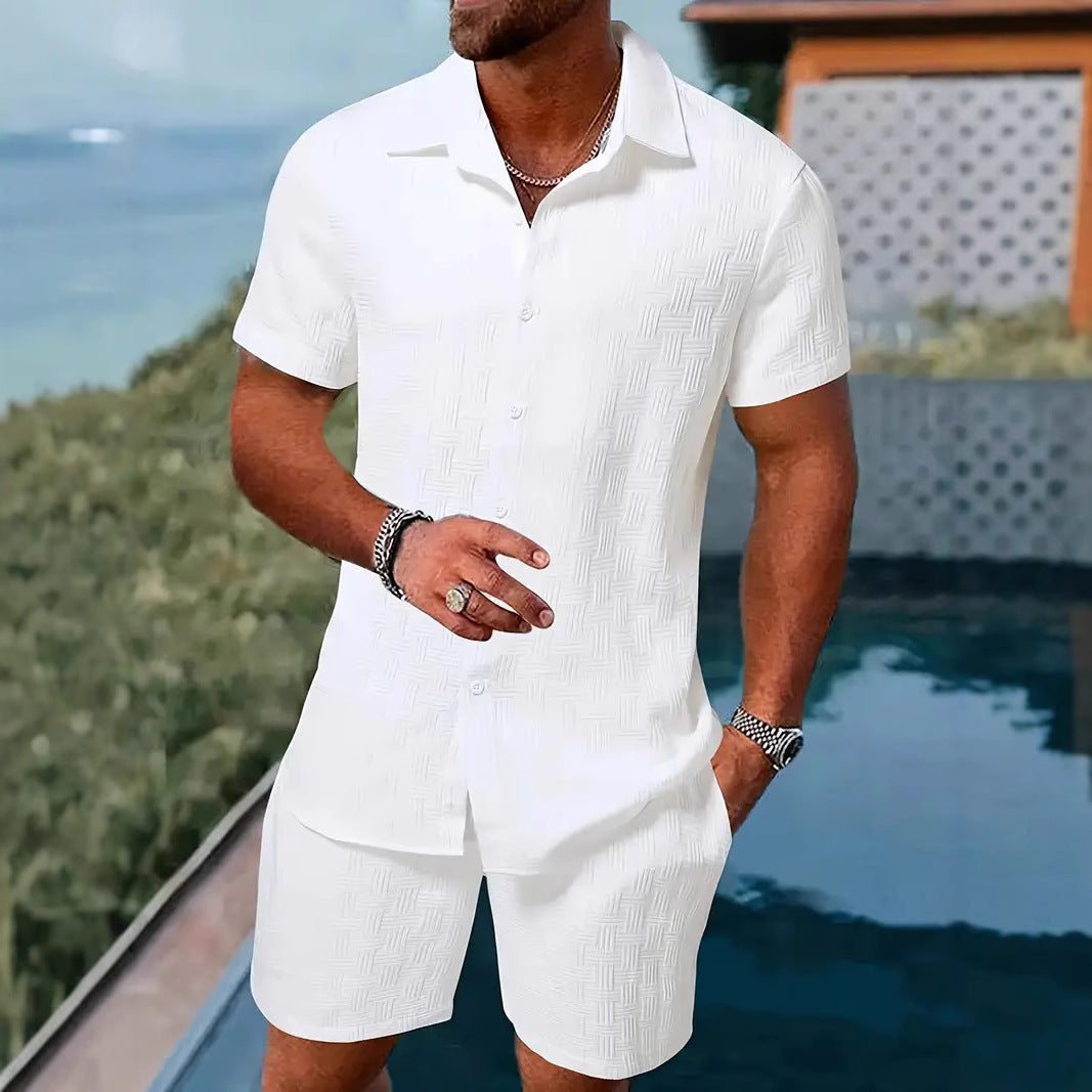 A two-piece set of jacquard black and white solid color short-sleeved men's vacation casual style shirt and shorts by Hypersku