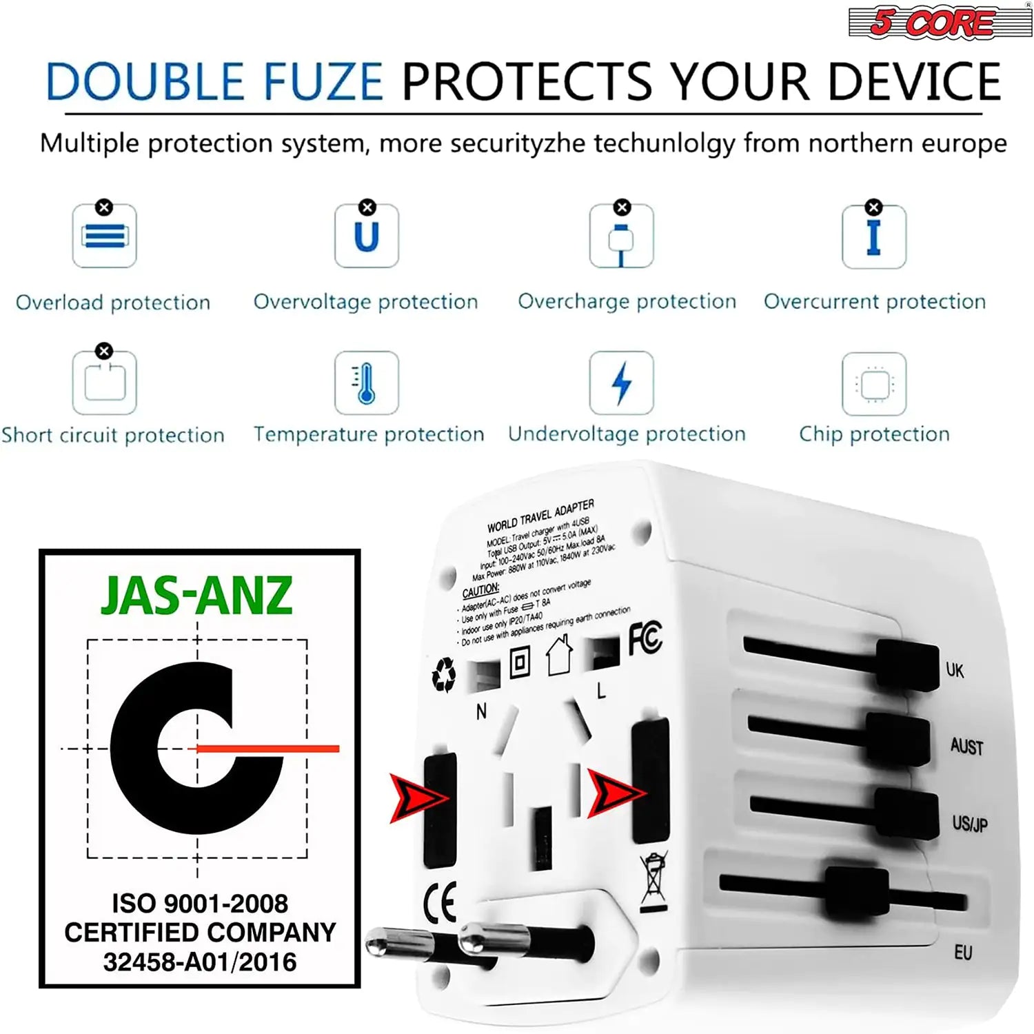 Universal Travel Adapter International Power Adapters 3 Pack Multicharger Plug w 4 USB Ports by Anti Spier