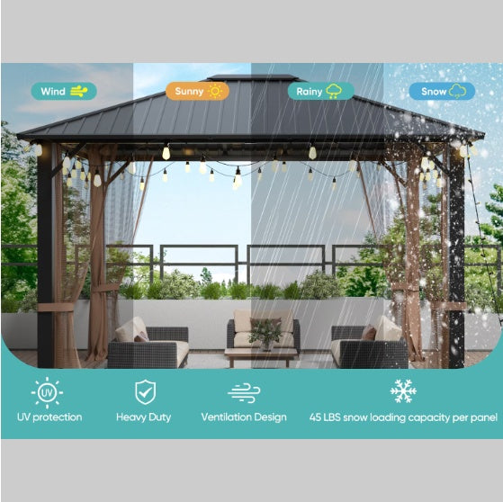 10x12 Hard-top Metal Gazebo, Heavy Duty Gazebo With Mosquito Net by Anti Spier