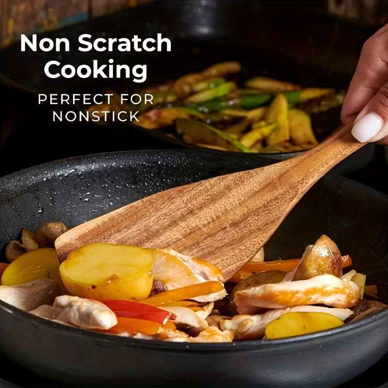 Non-Stick Cookware Set, Wooden Kitchen Utensils Kit, Heat Resistant Up to 450°F, 10pcs Pans Spatulas Slotted Wooden Kitchen Spoons, Elegant Heavy-Duty Wooden Utility Set, Cooking Tools for Baking Serving Everyday & Formal Cooking by Anti Spier