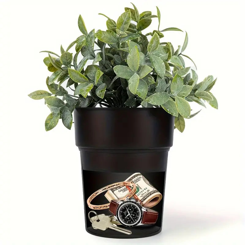 1pc Black Plastic Flower Pot with Secret Compartment & Key Hider - Waterproof, Durable Safe for Cash, Keys & Small Valuables, Non-Waterproof by Anti Spier