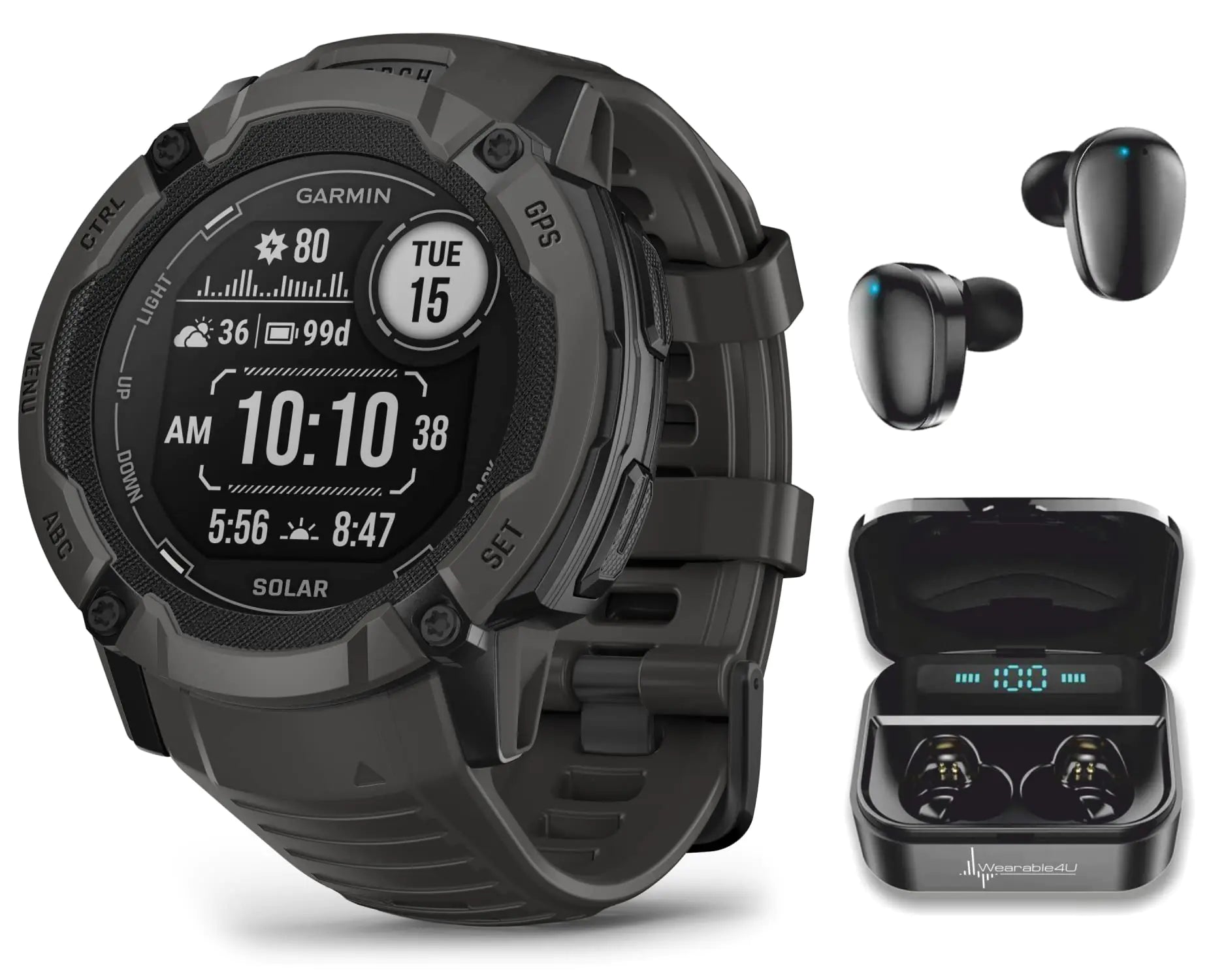 Wearable4U Garmin Instinct 2X Solar Rugged 50 mm GPS Smartwatch Graphite with Power Glass Lens LED Flashlight Black Earbuds Bundle by Anti Spier