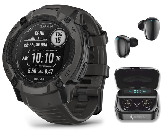 Wearable4U Garmin Instinct 2X Solar Rugged 50 mm GPS Smartwatch Graphite with Power Glass Lens LED Flashlight Black Earbuds Bundle by Anti Spier