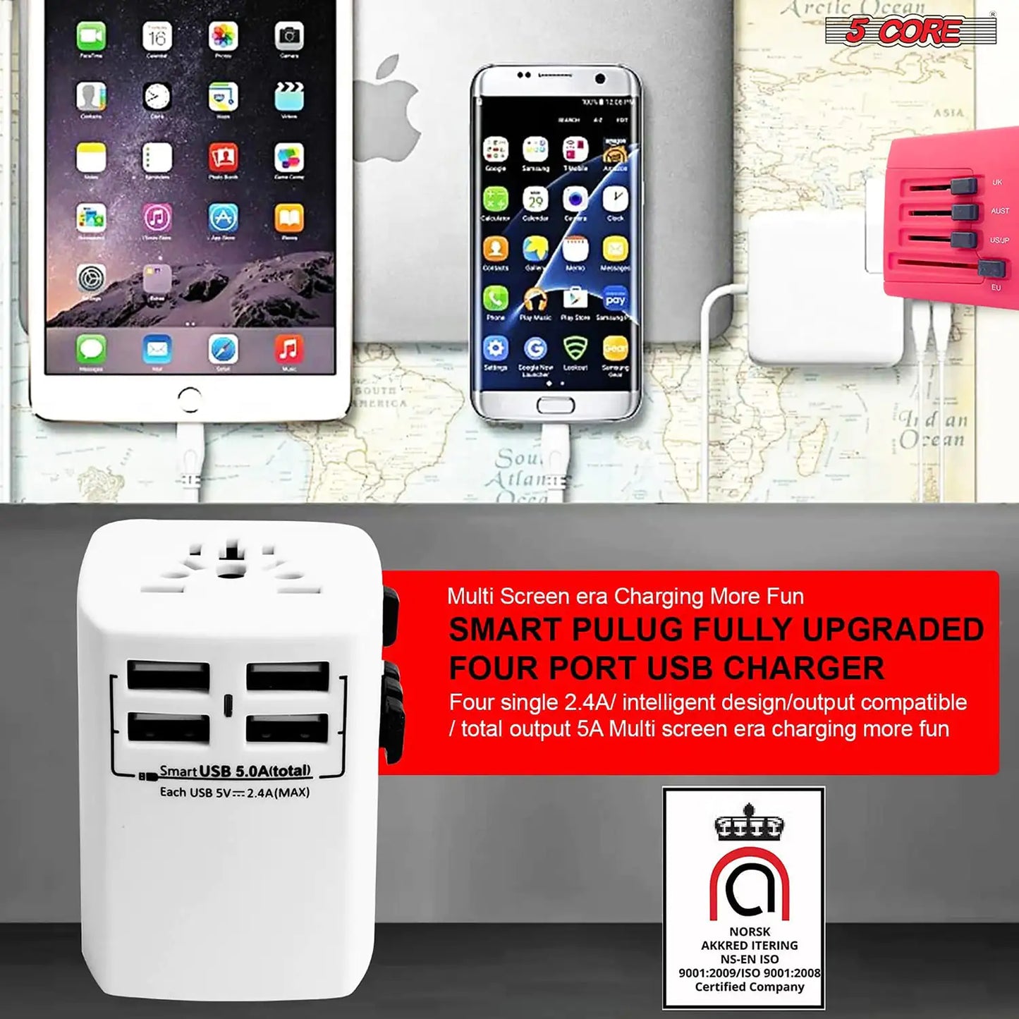 Universal Travel Adapter International Power Adapters 3 Pack Multicharger Plug w 4 USB Ports by Anti Spier