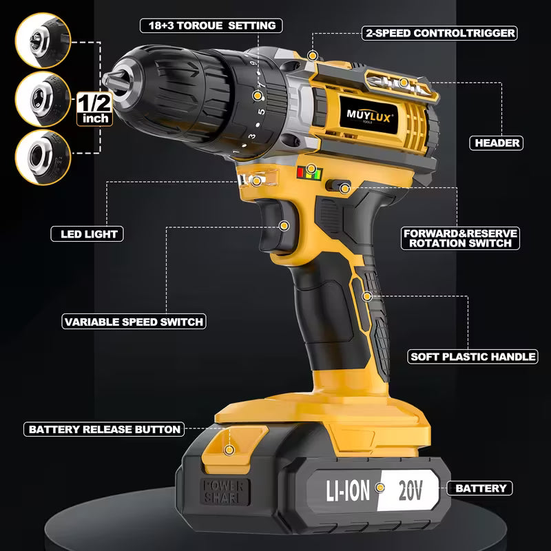 20V 2-Variable Speed Cordless Drill Set, Impact Power Drill With 3/8 Inch Keyless Chuck, 18+3 Clutch Electric Drill, Max Torque 45Nm, Work Light, 2.0AH Batteries And Fast Charger by Anti Spier