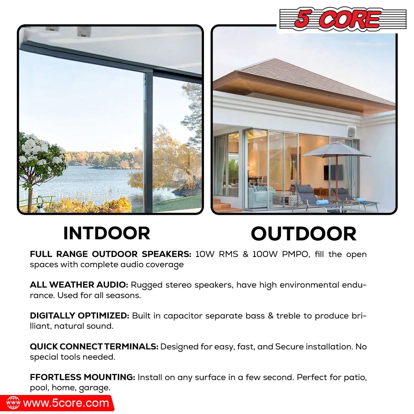 5Core Outdoor Speakers Stereo In Wall 100W Peak Passive Home Audio System by Anti Spier