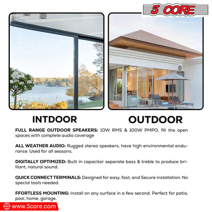 5Core Outdoor Speakers Stereo In Wall 100W Peak Passive Home Audio System by Anti Spier