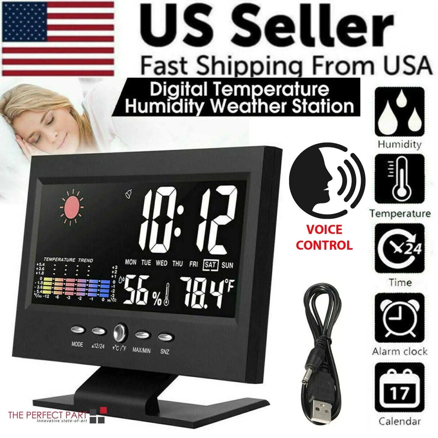 LED Digital Alarm Clock Snooze Calendar Thermometer Hygrometer Weather Display by Anti Spier