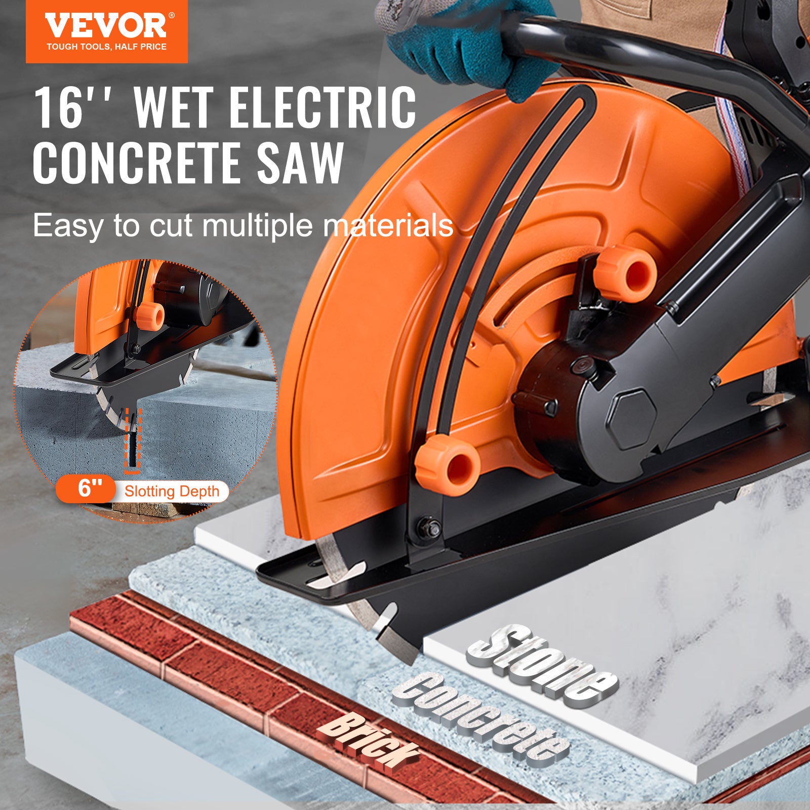 VEVOR Electric Concrete Saw, 16 In, 3200 W 15 A Motor Circular Saw Cutter With Max. 6 In Adjustable Cutting Depth, Wet Disk Saw Cutter Includes Water Line, Pump And Blade, For Stone, Brick by Anti Spier